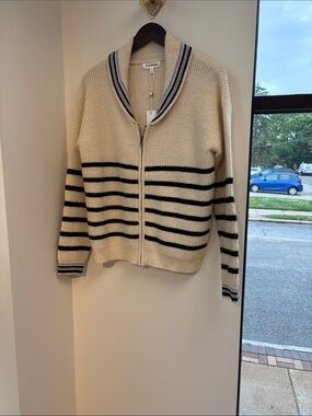 Heartloom Cream Zip-Front Cardigan with Black Stripes